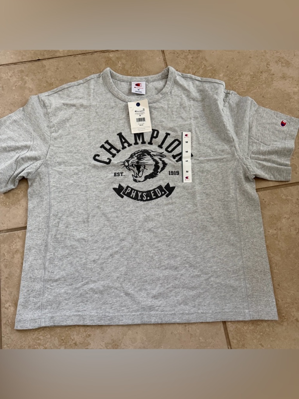Champion Phys Ed Cougar Graphic Tee Men's Size Medium Gray Boxy T Shirt NWT